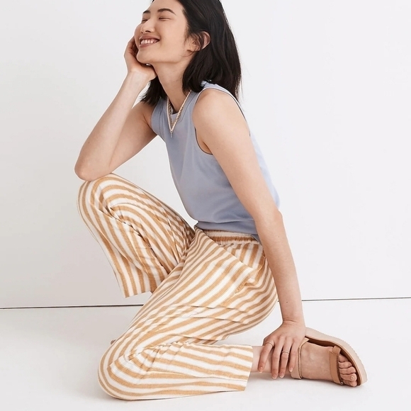 Madewell Tapered Huston Pull On Linen Crop Pants in Golden Plume Stripe Sz Small - Picture 4 of 14